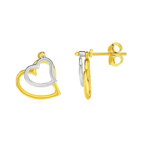 14k Two Tone Gold Post Earrings with Open Hearts-rx34545