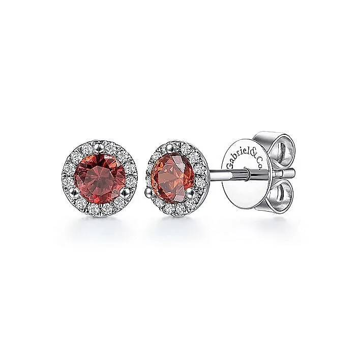 14K White Gold Garnet and Diamond Halo Stud Earrings