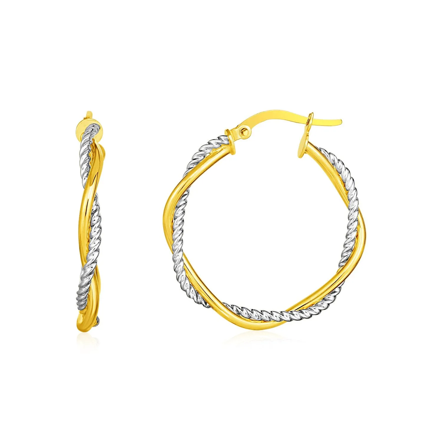 14k Yellow and White Gold Two Part Textured Twisted Round Hoop Earrings-rx57063