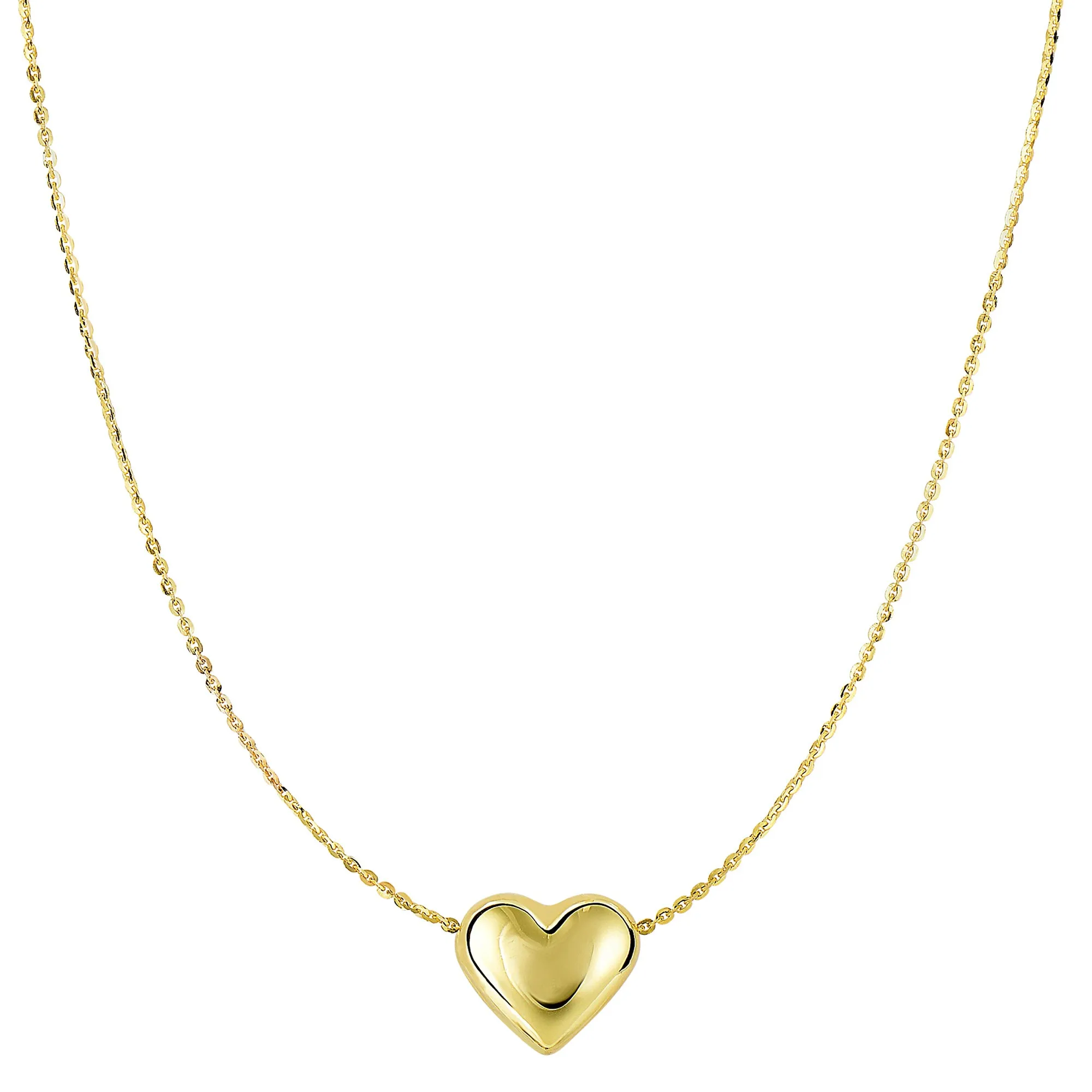 14k Yellow Gold Sliding Puffed Heart Pendant Necklace, 18