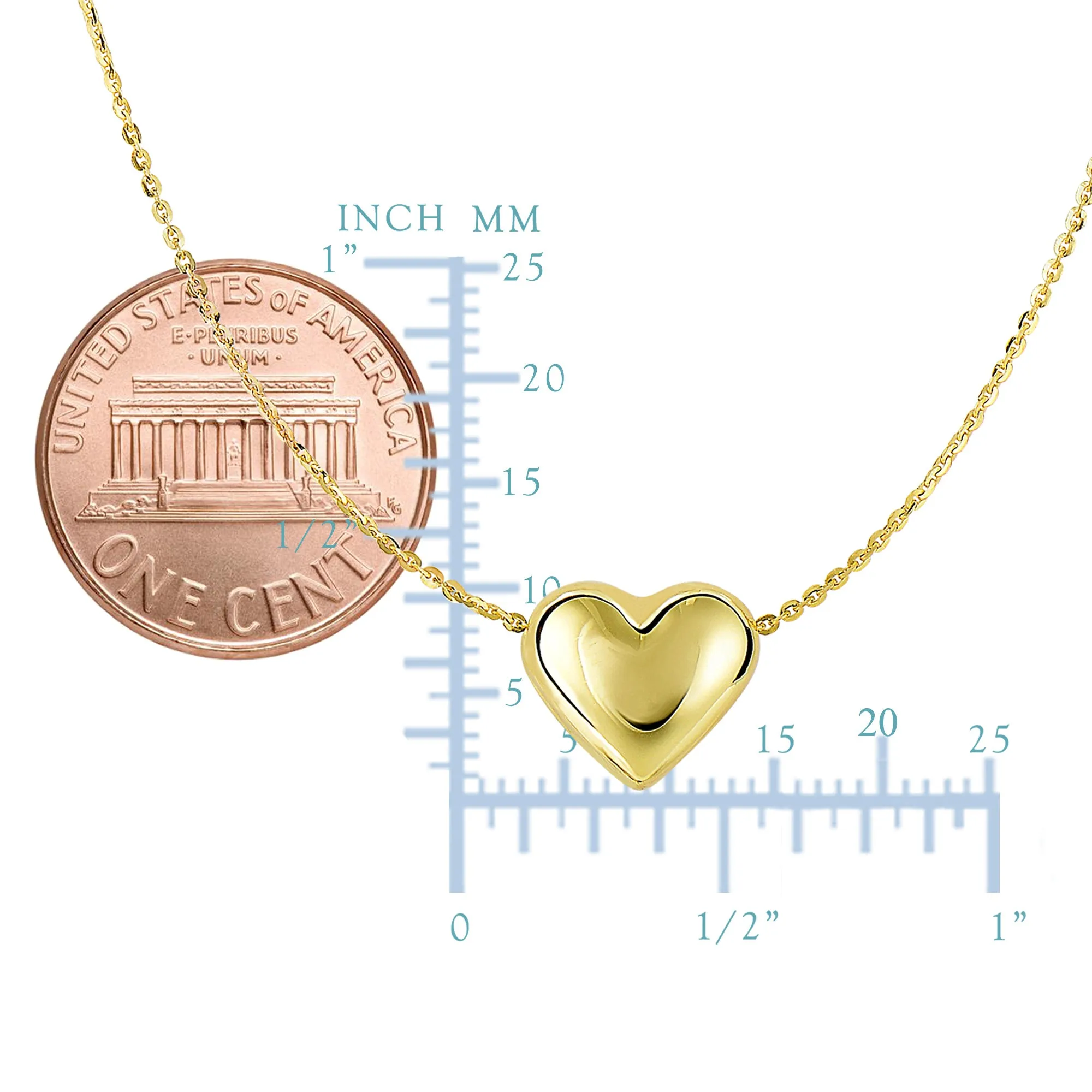 14k Yellow Gold Sliding Puffed Heart Pendant Necklace, 18