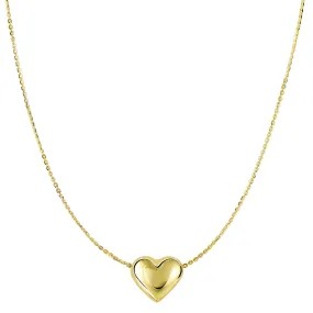 14k Yellow Gold Sliding Puffed Heart Pendant Necklace, 18