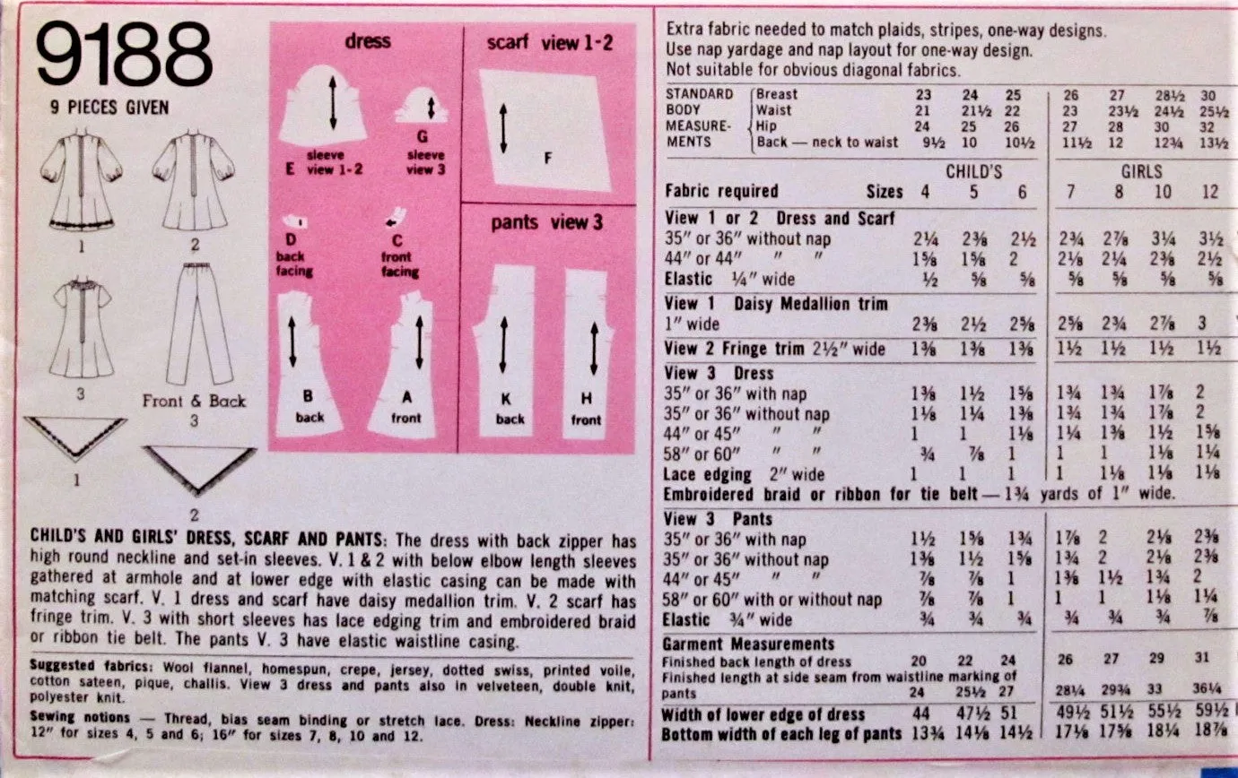 70s CUTE Little Girls Dress,Pants and Scarf Pattern SIMPLICITY 9188 Size 4 Vintage Childrens Sewing Pattern UNCUT