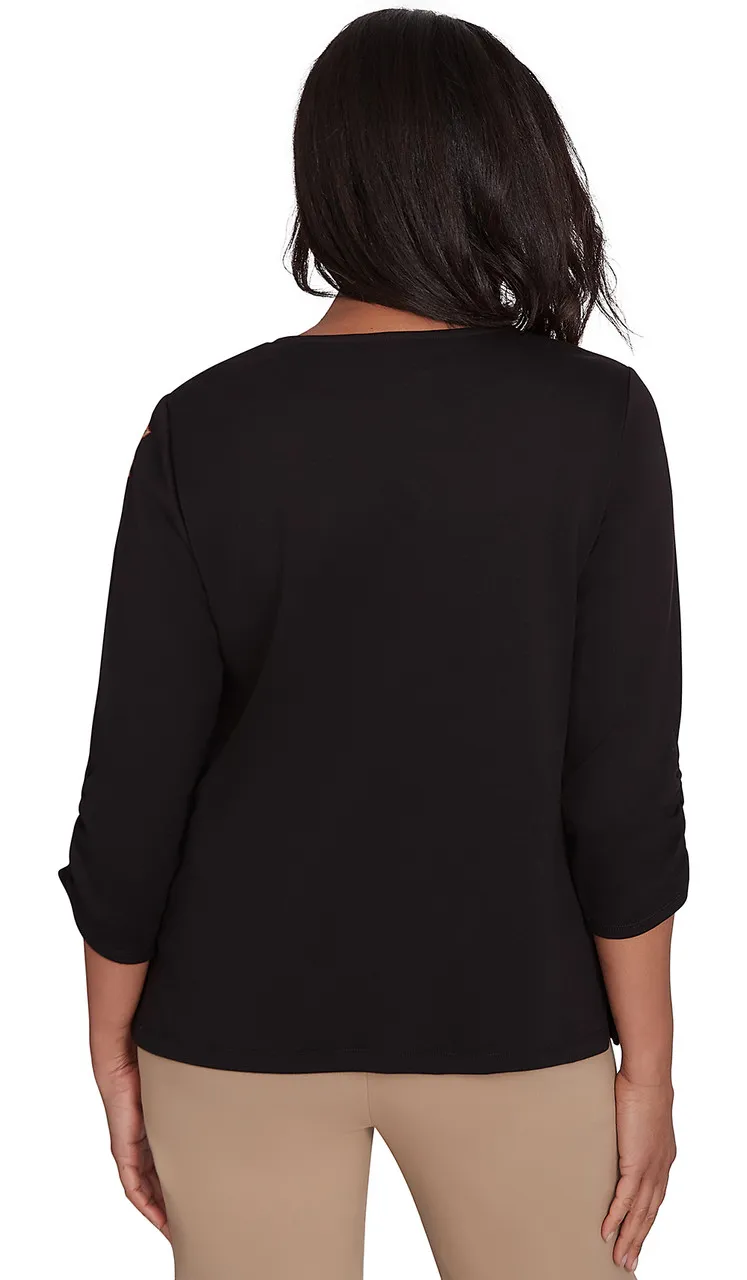 ALFRED DUNNER TOP *PETITE* BLACK EMBROIDERED LEAF YOKE