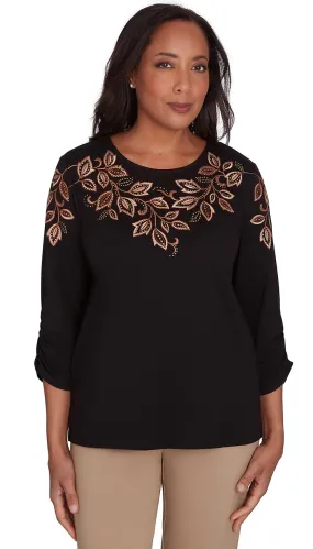 ALFRED DUNNER TOP *PETITE* BLACK EMBROIDERED LEAF YOKE