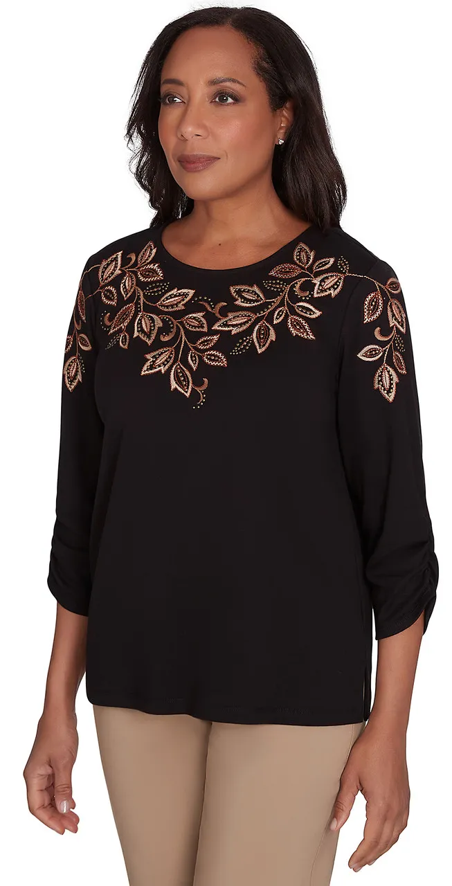 ALFRED DUNNER TOP *PETITE* BLACK EMBROIDERED LEAF YOKE