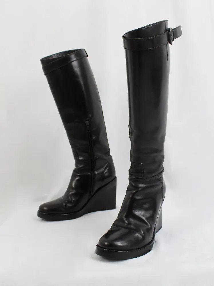 Ann Demeulemeester black tall wedge boots with belt strap (39.5) — fall 2009