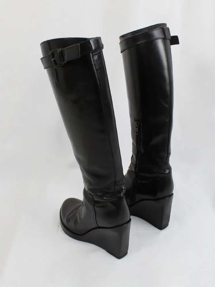 Ann Demeulemeester black tall wedge boots with belt strap (39.5) — fall 2009