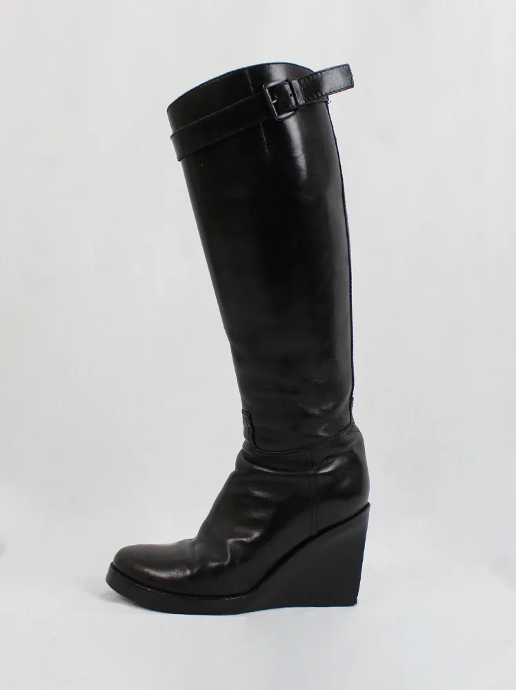 Ann Demeulemeester black tall wedge boots with belt strap (39.5) — fall 2009