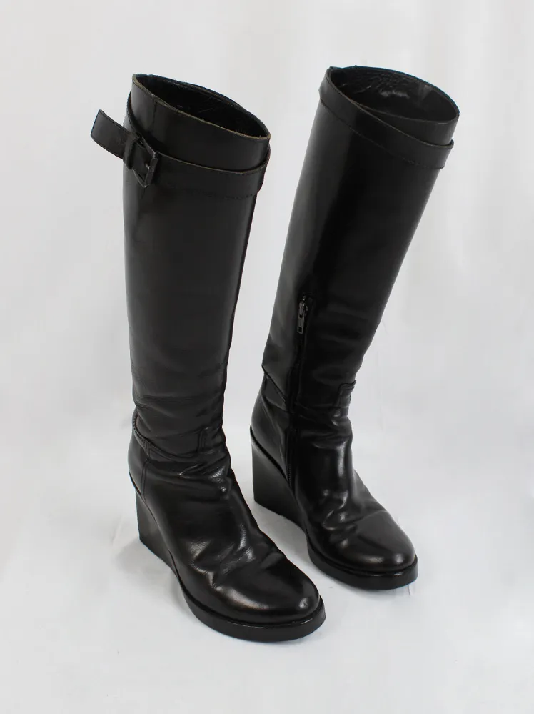 Ann Demeulemeester black tall wedge boots with belt strap (39.5) — fall 2009