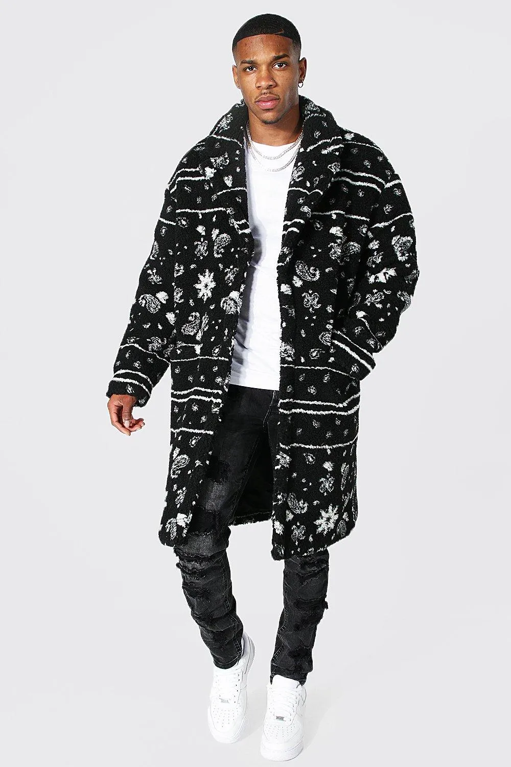 Bandana Longline Borg Coat | boohooMAN UK