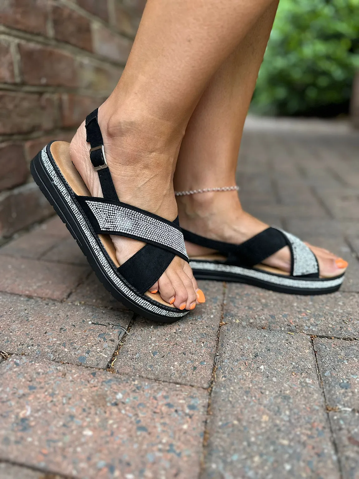 Black Faux Suede Diamante Cross Over Sandals