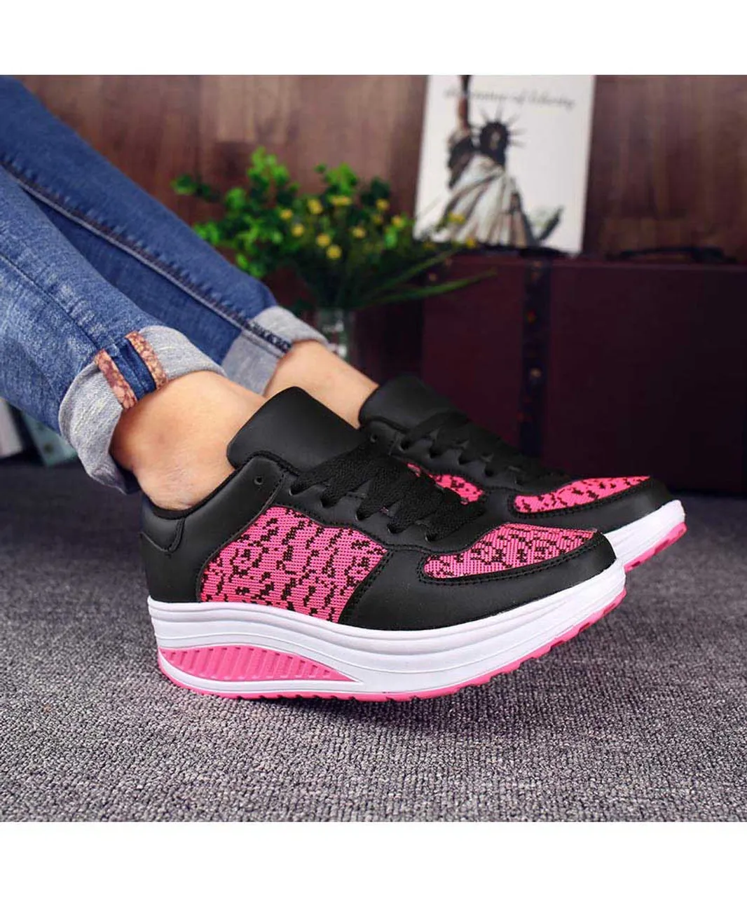 Black pink texture pattern rocker bottom shoe sneaker