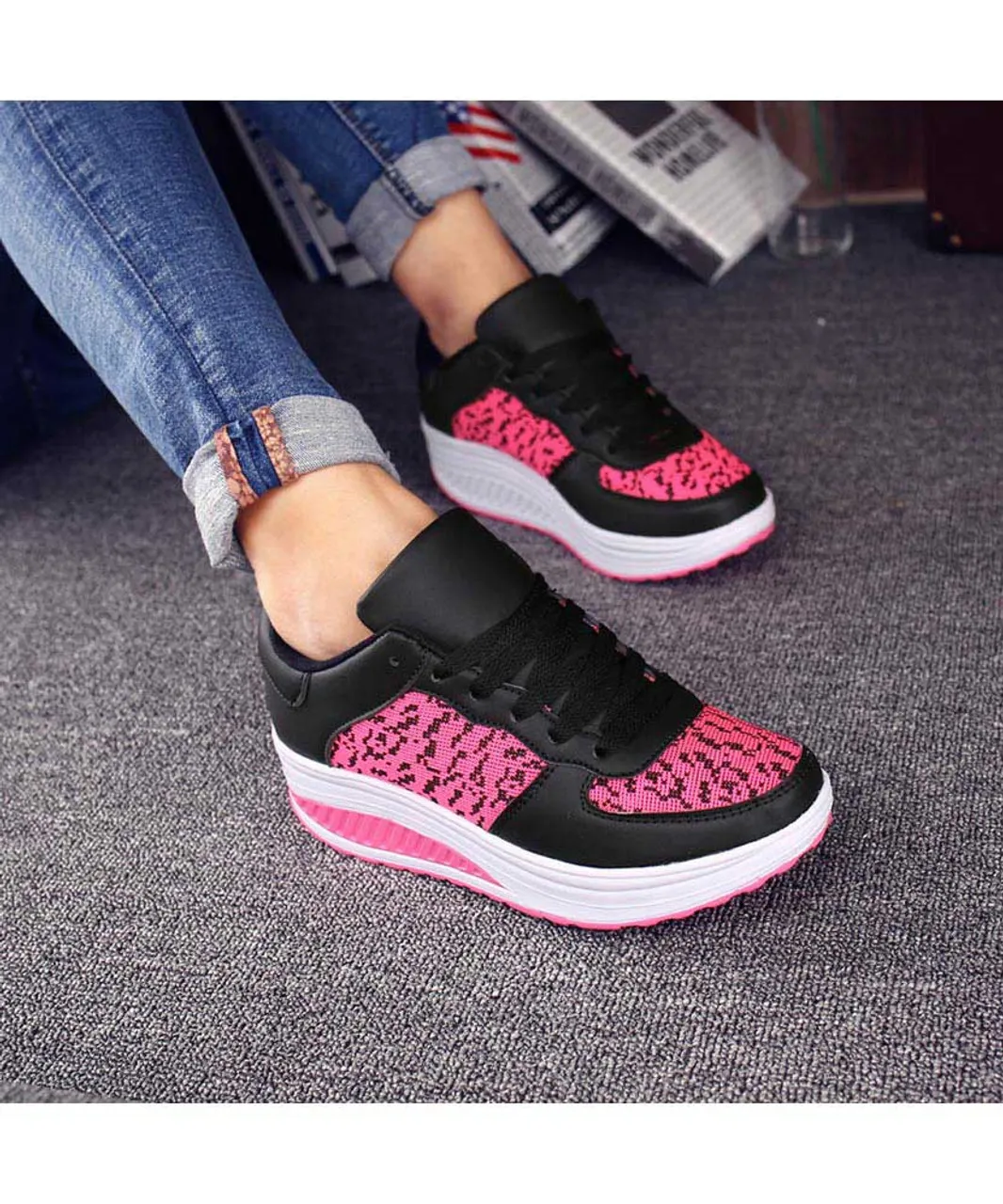 Black pink texture pattern rocker bottom shoe sneaker