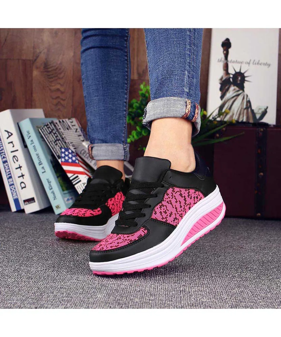 Black pink texture pattern rocker bottom shoe sneaker