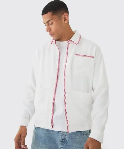 boohoo Mens Linen Zip Through Contrast Stitch Shirt Jacket