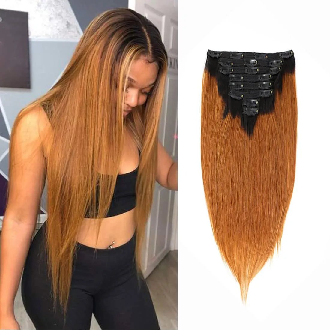 Clip in Hair Extensions Remy Human Hair Ombre Straight Hair Silky Thick Real 100% Human Hair For Black Women Virgin Hair 8Pcs To