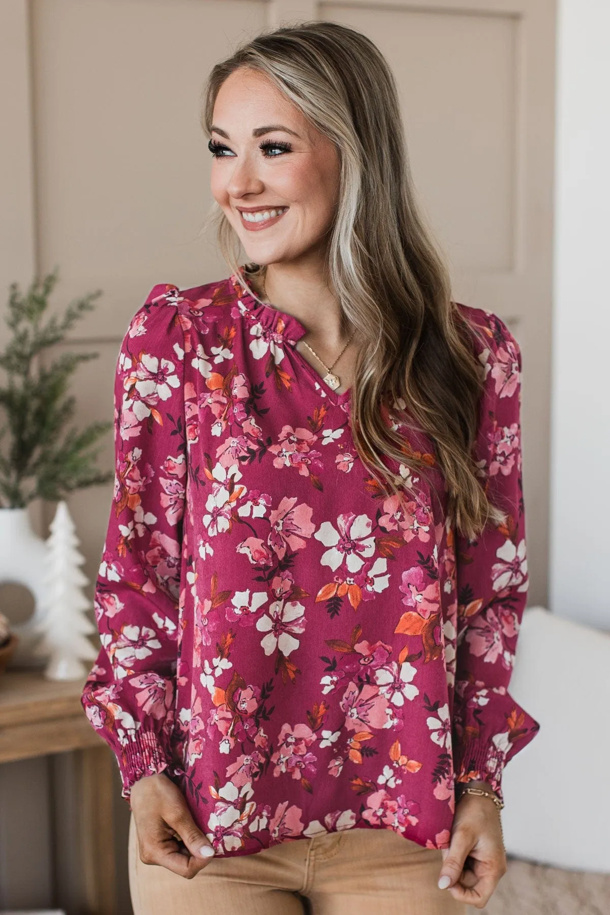 Counting On You Floral Blouse- Burgundy