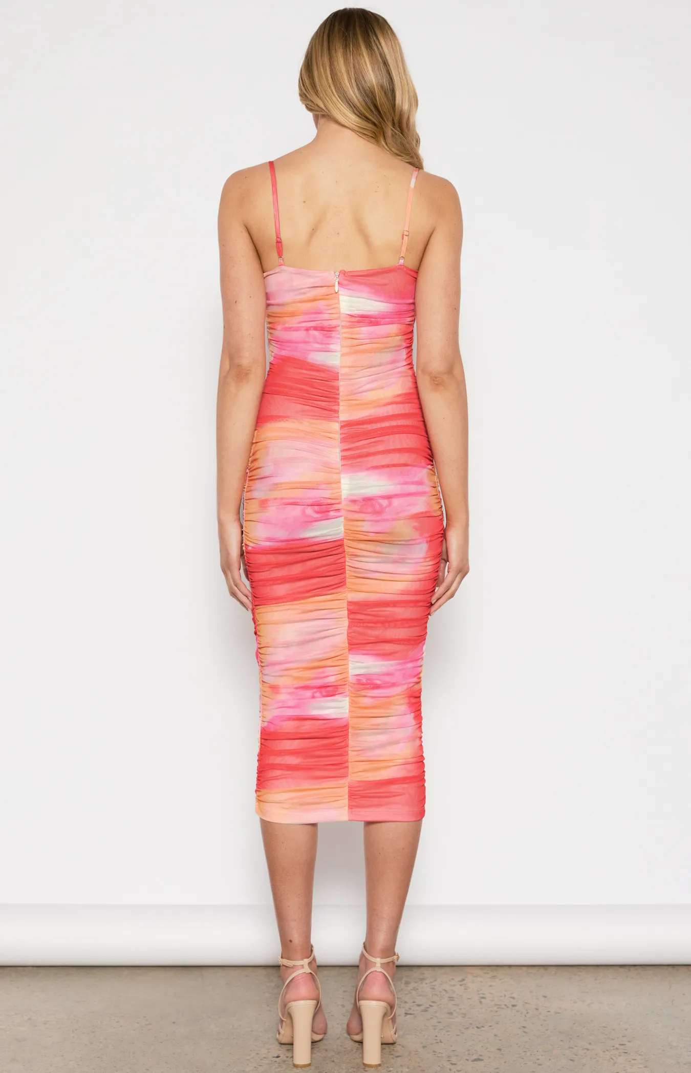 Cowl Neck Abstract Print Mesh Ruche Dress (WDR366-2B)