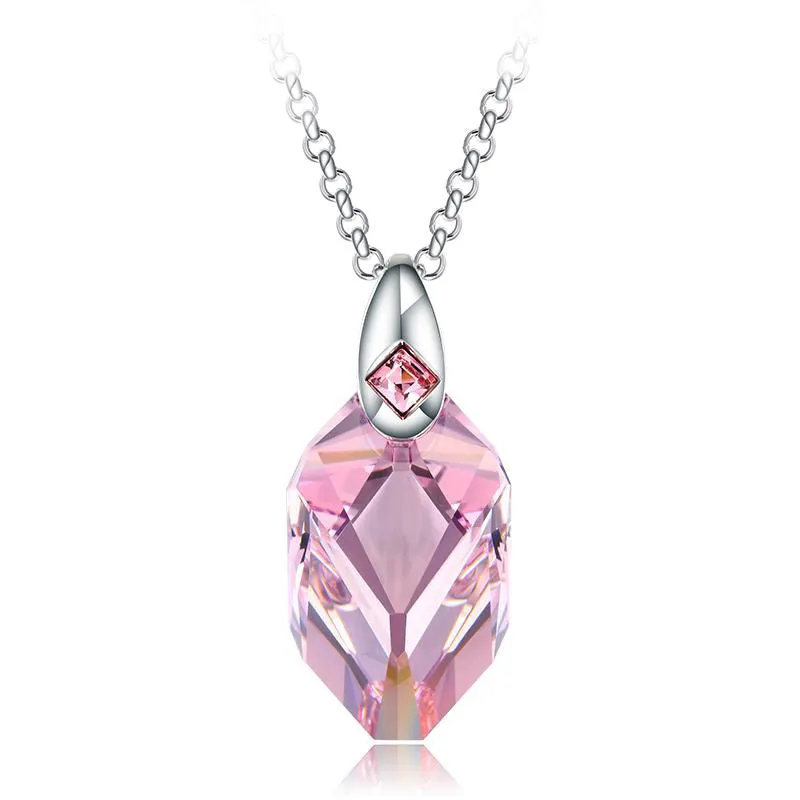 Cubic edges unique pinkish Swarovski Crystal platinum plated necklace