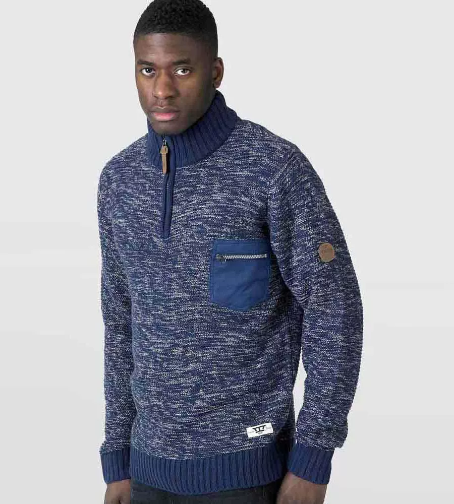 D555 Mens Zipper Neck Sweater With Woven Zipper Chest Pocket (REMINGTON NAVY)