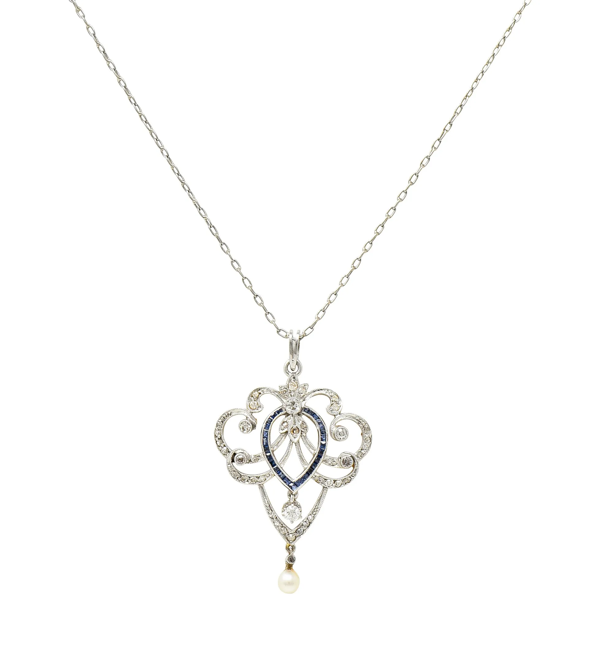 Edwardian Diamond Sapphire Pearl Platinum-Topped 14 Karat Yellow Gold Scrolling Ribbon Antique Pendant Necklace