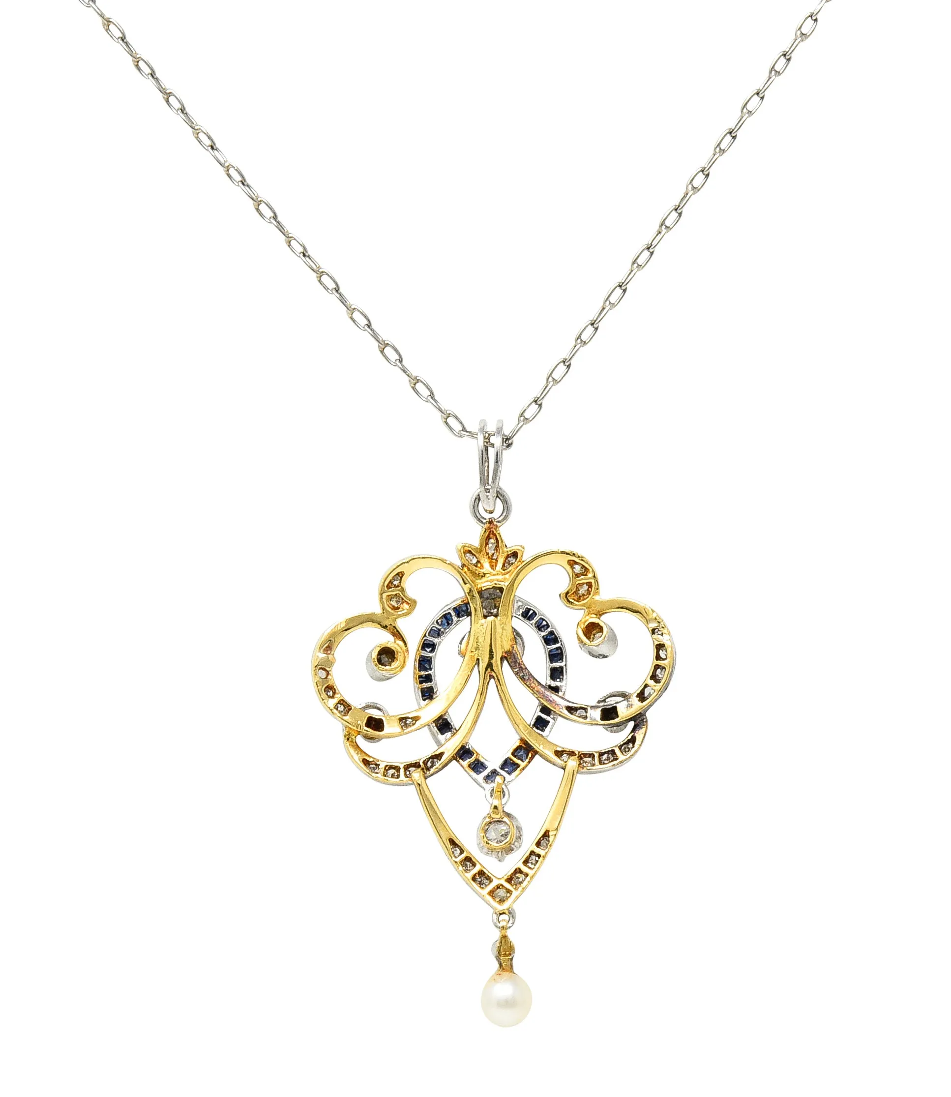 Edwardian Diamond Sapphire Pearl Platinum-Topped 14 Karat Yellow Gold Scrolling Ribbon Antique Pendant Necklace