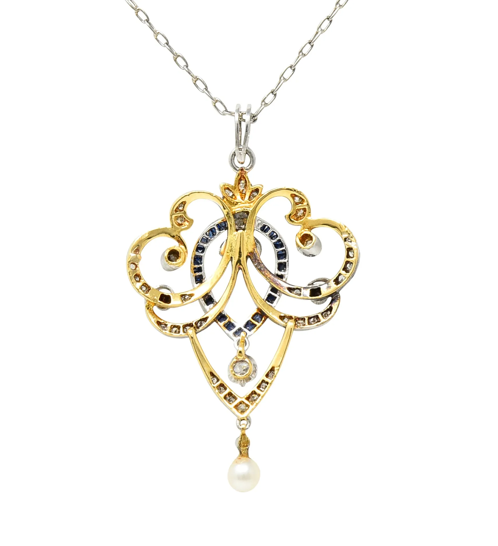 Edwardian Diamond Sapphire Pearl Platinum-Topped 14 Karat Yellow Gold Scrolling Ribbon Antique Pendant Necklace