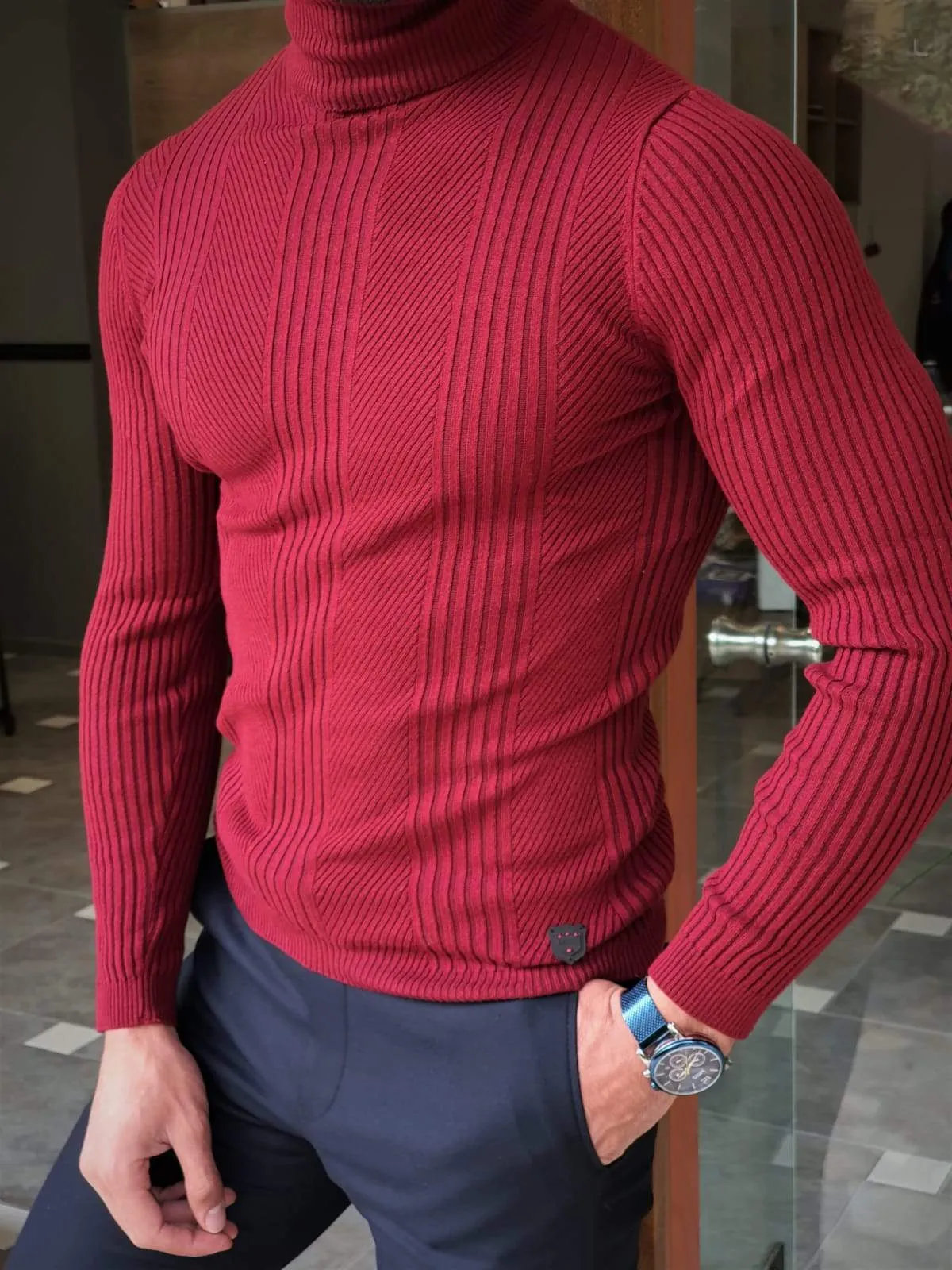 Elko Claret Red Slim Fit Striped Turtleneck Wool Sweater