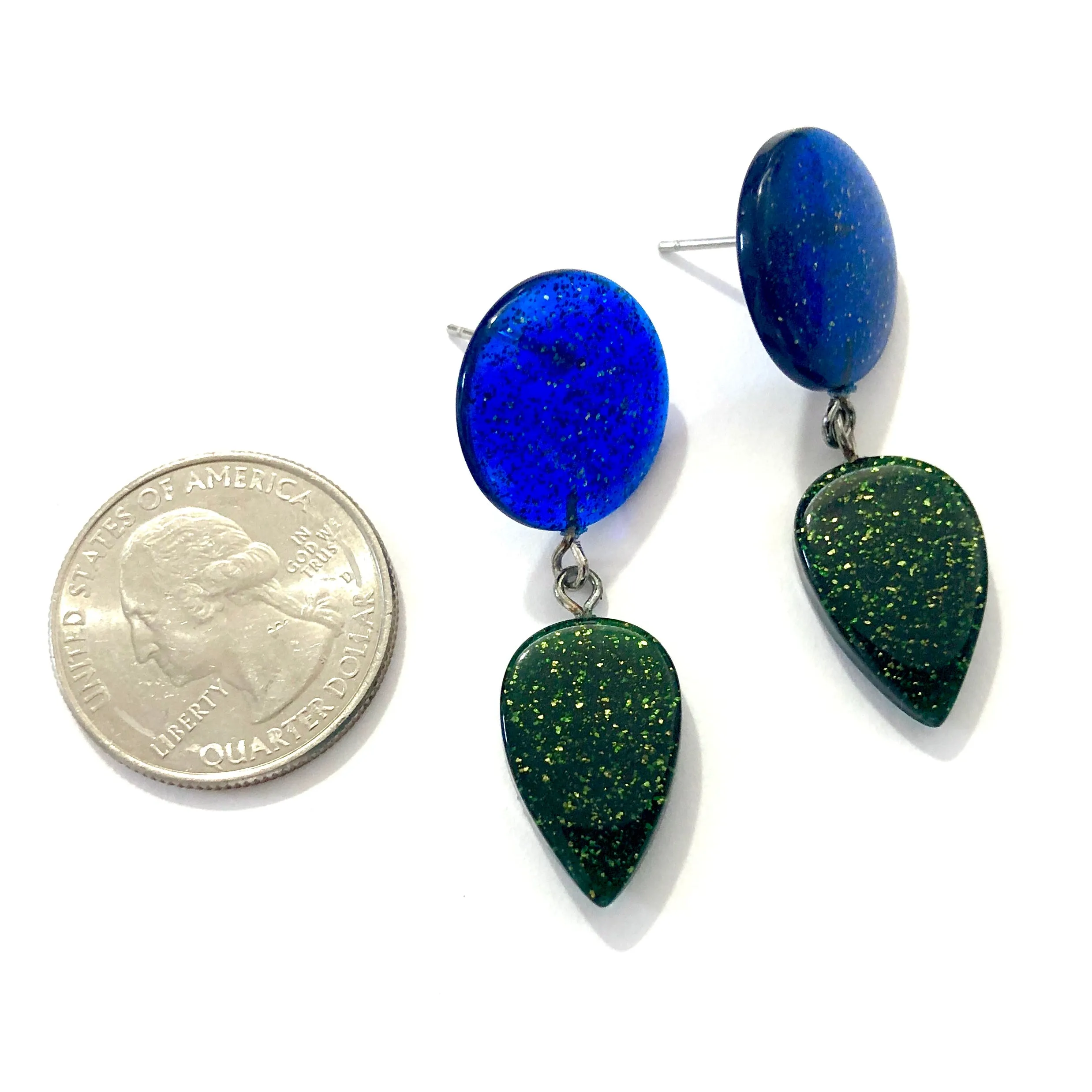 Evergreen & Blue Sparkled Drop Statement Earrings