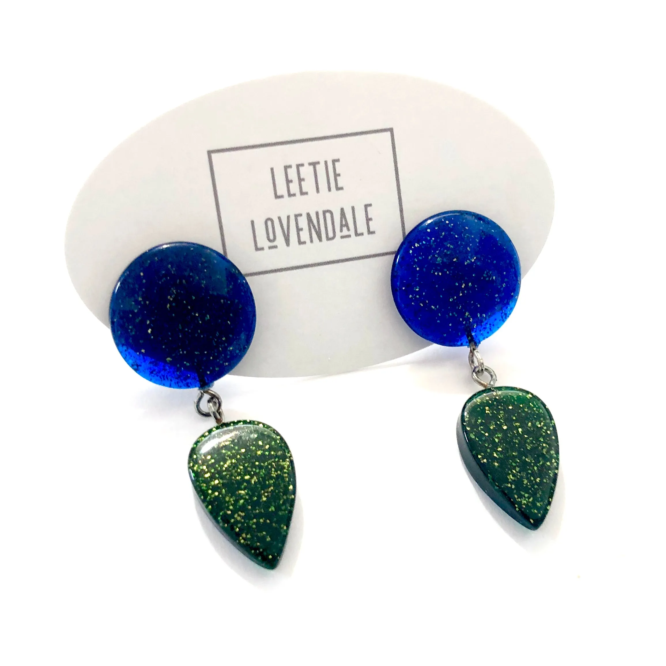 Evergreen & Blue Sparkled Drop Statement Earrings