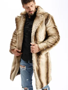 Faux Fur Coat Men Camel Coat Two Tone Notch Collar Long Sleeve Winter Overcoat