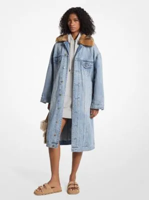 Faux Fur Trim Denim Oversized Coat