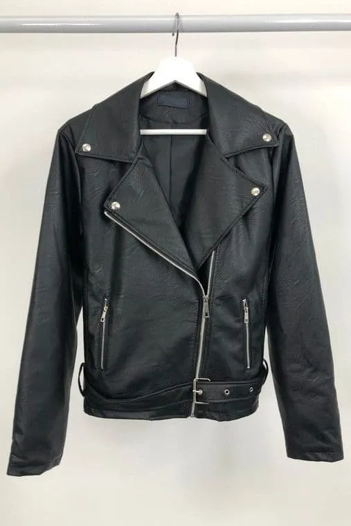 Faux Leather Boxy Biker Jacket In Black