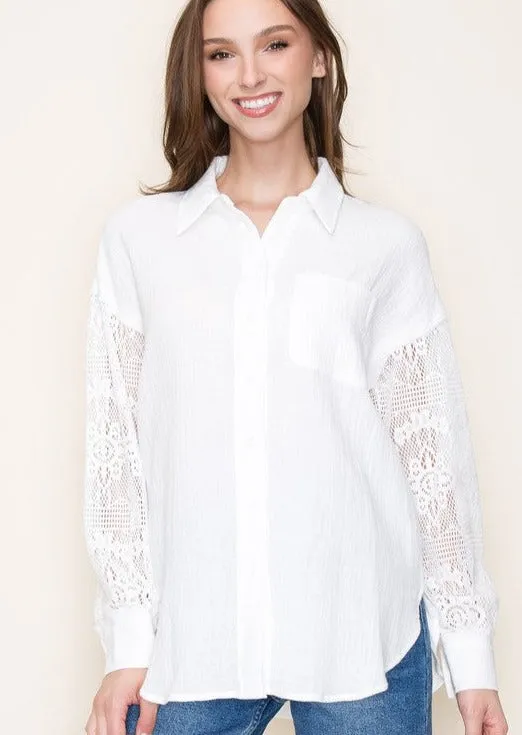 FINAL SALE - Lace Sleeve Gauze Tops - 2 Colors!