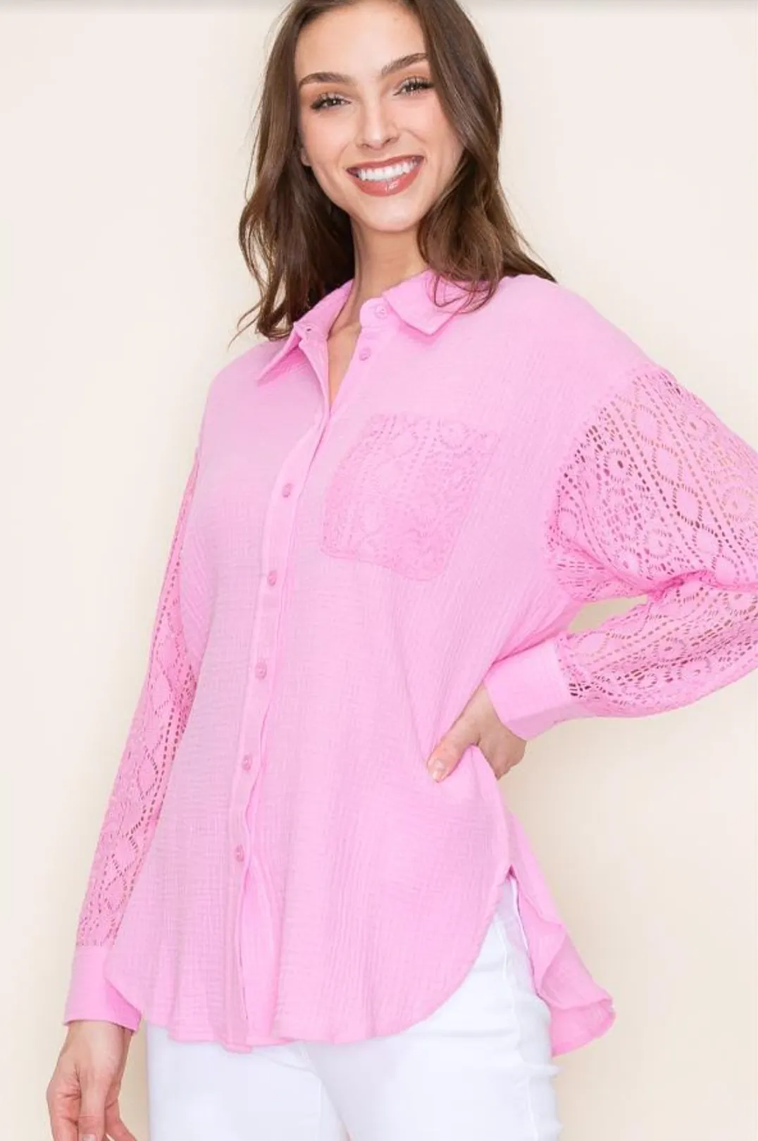 FINAL SALE - Lace Sleeve Gauze Tops - 2 Colors!