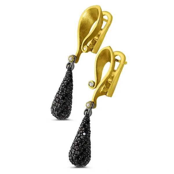 Gold Calla Drop Dangle Earrings with Black Diamonds