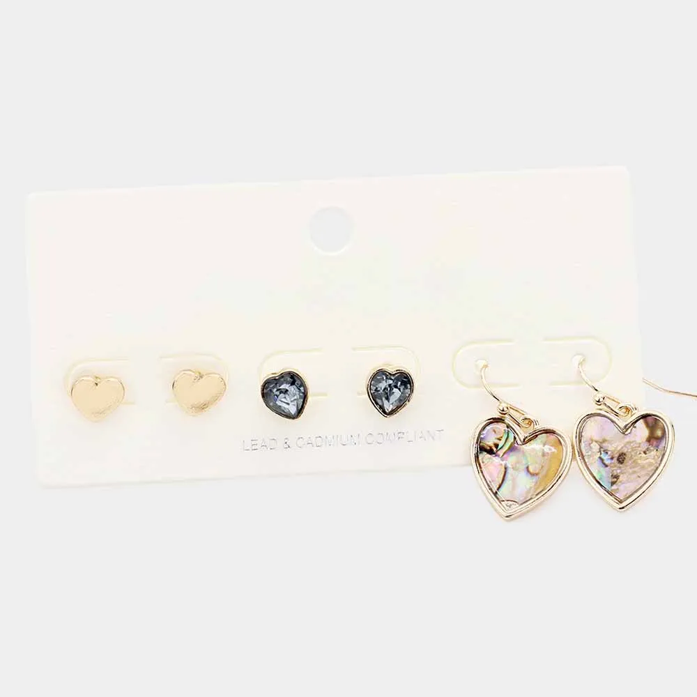 iLLASPARKZ 3Pairs - Metal Stone Abalone Heart Earrings