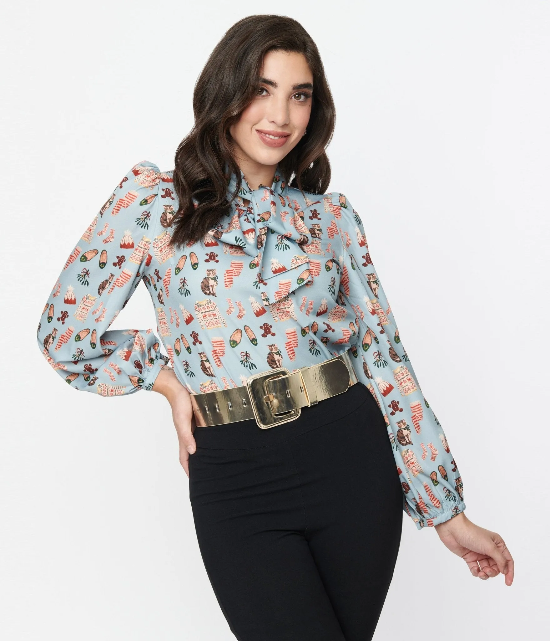 Light Blue Holiday Party Print Satin Bow Blouse