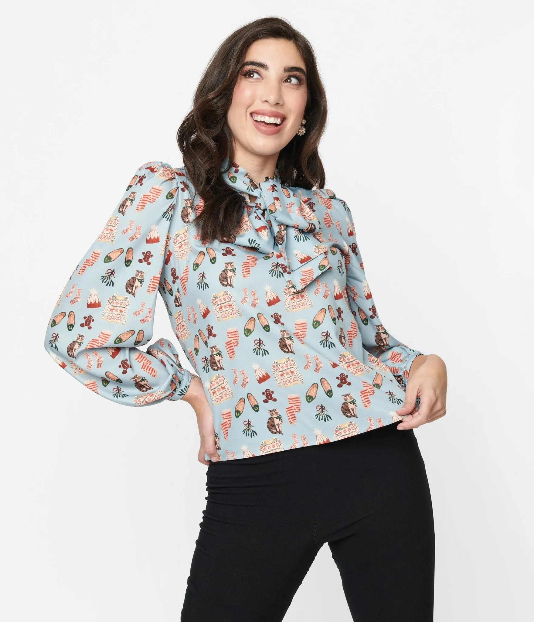 Light Blue Holiday Party Print Satin Bow Blouse