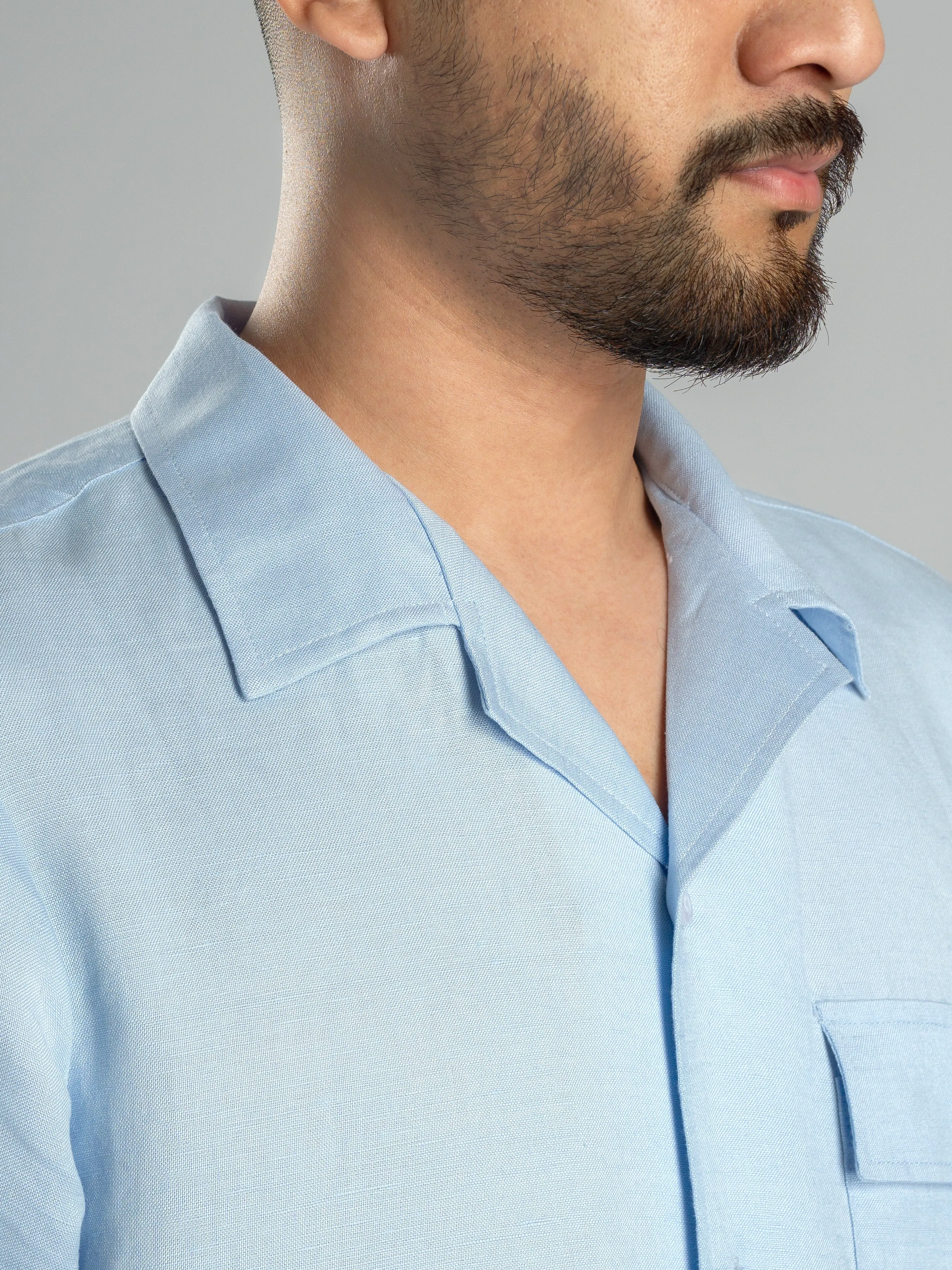 Linen Cuban Collar Shirt - Light Blue