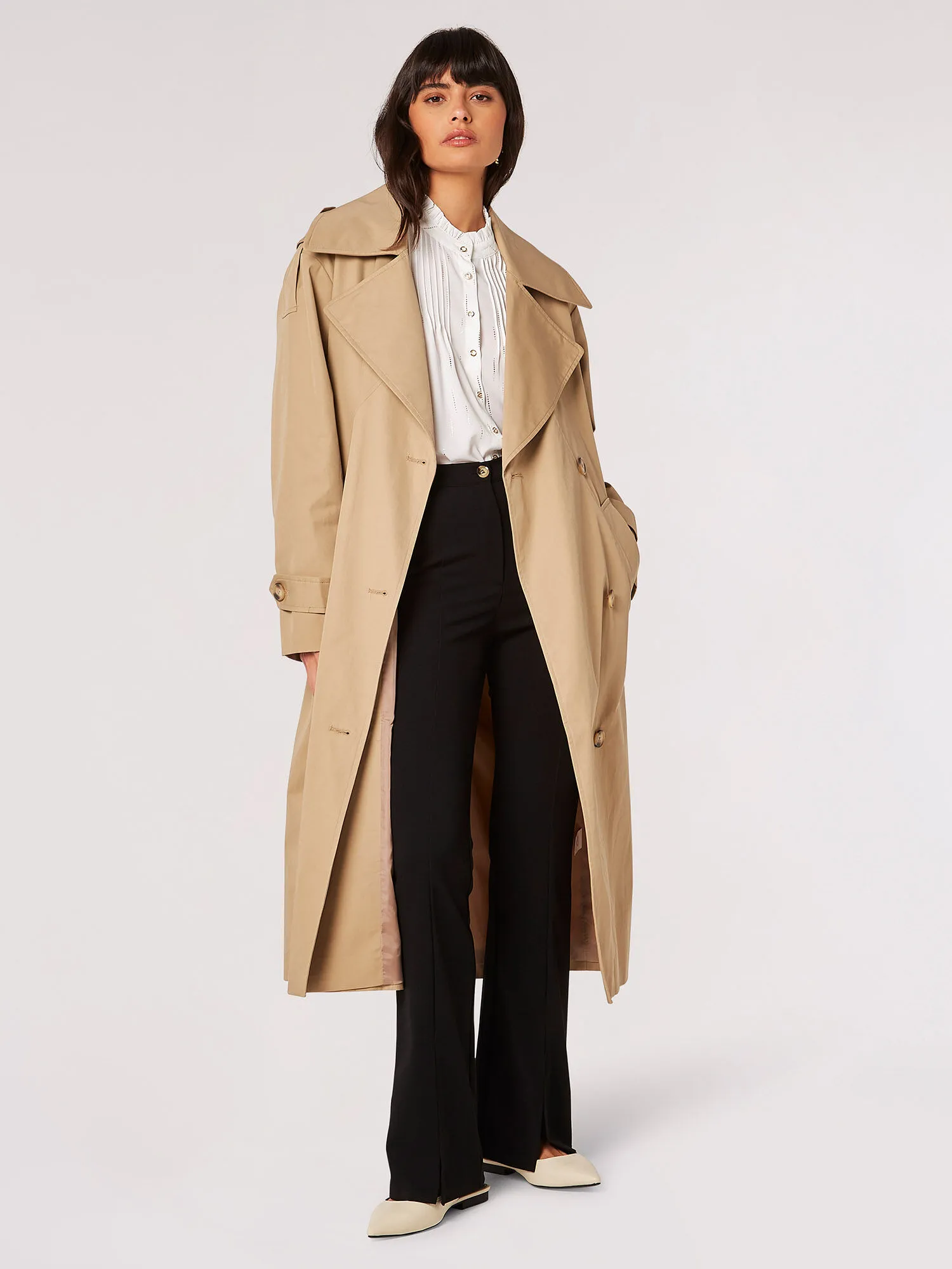 Longline Belted Trench Coat | Apricot Clothing