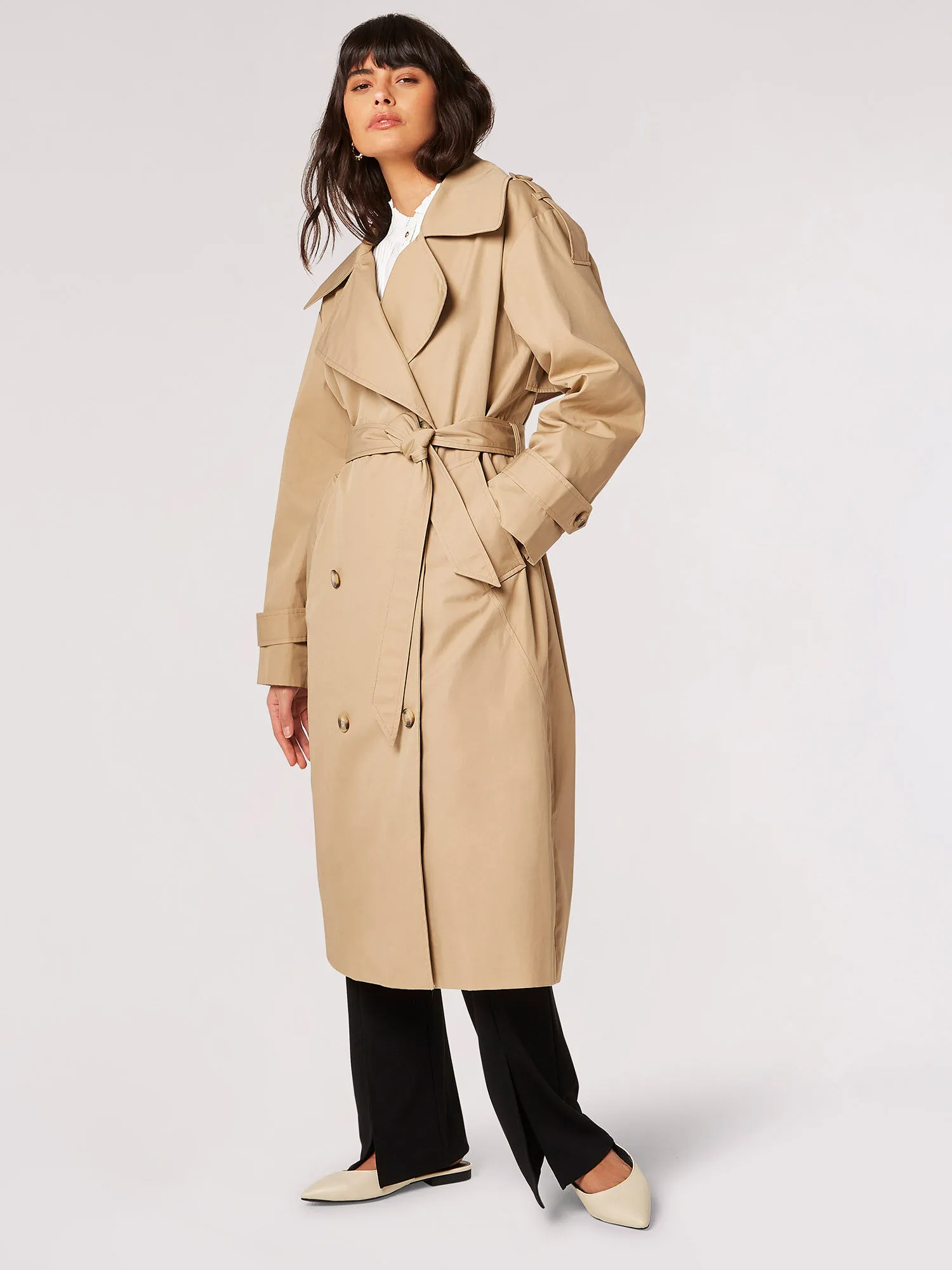 Longline Belted Trench Coat | Apricot Clothing