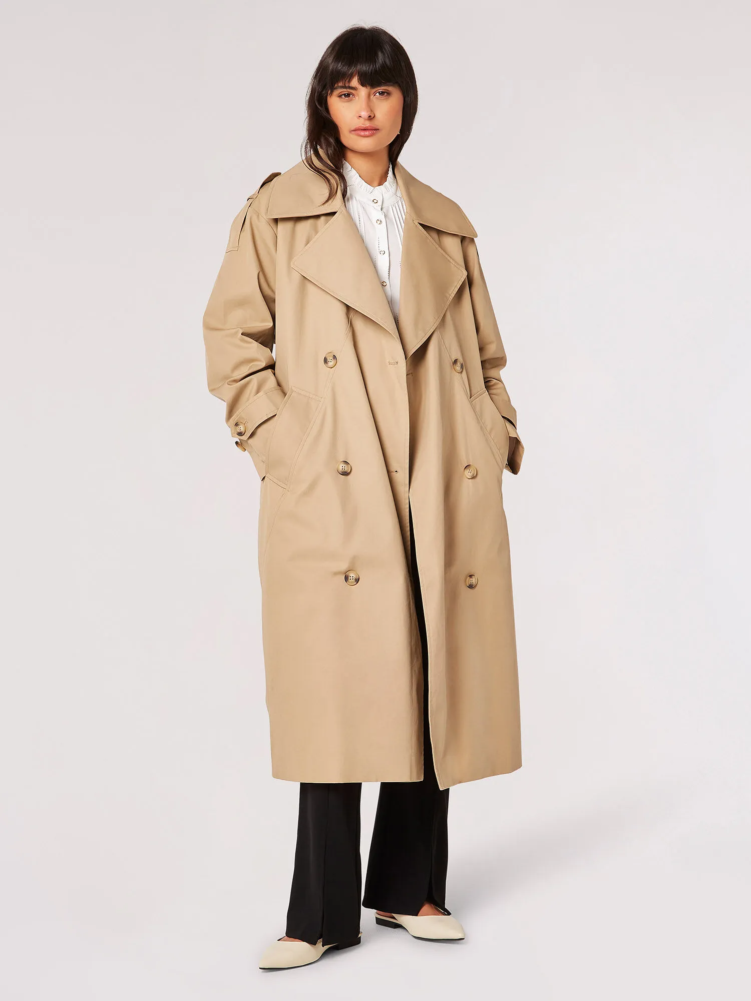 Longline Belted Trench Coat | Apricot Clothing