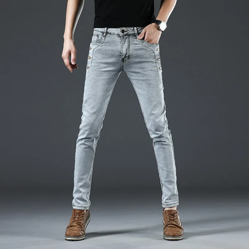 Men's Cotton Solid Pattern Mid Waist Fashion Button Pocket Slim Fit Jeans