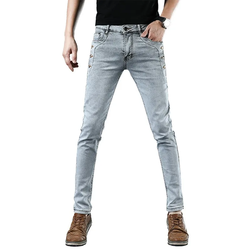 Men's Cotton Solid Pattern Mid Waist Fashion Button Pocket Slim Fit Jeans