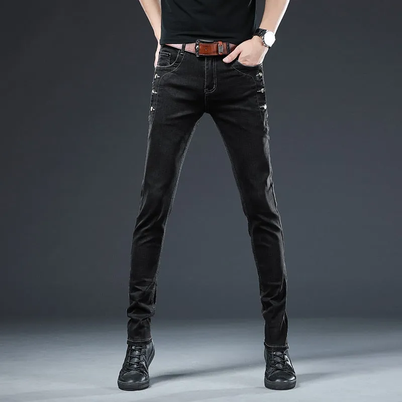 Men's Cotton Solid Pattern Mid Waist Fashion Button Pocket Slim Fit Jeans