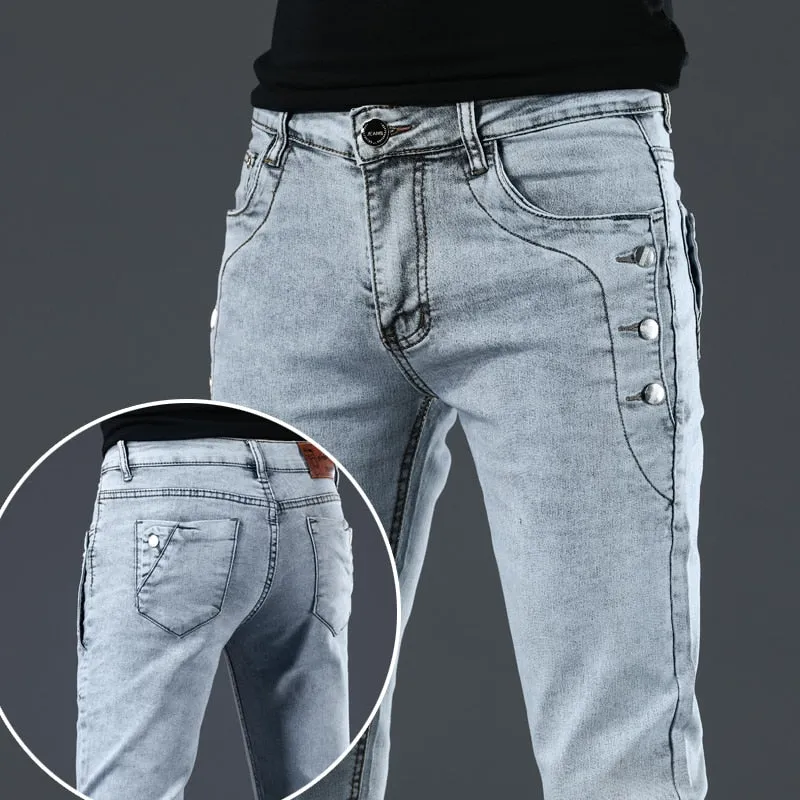 Men's Cotton Solid Pattern Mid Waist Fashion Button Pocket Slim Fit Jeans