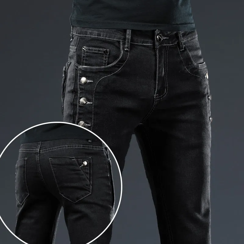 Men's Cotton Solid Pattern Mid Waist Fashion Button Pocket Slim Fit Jeans