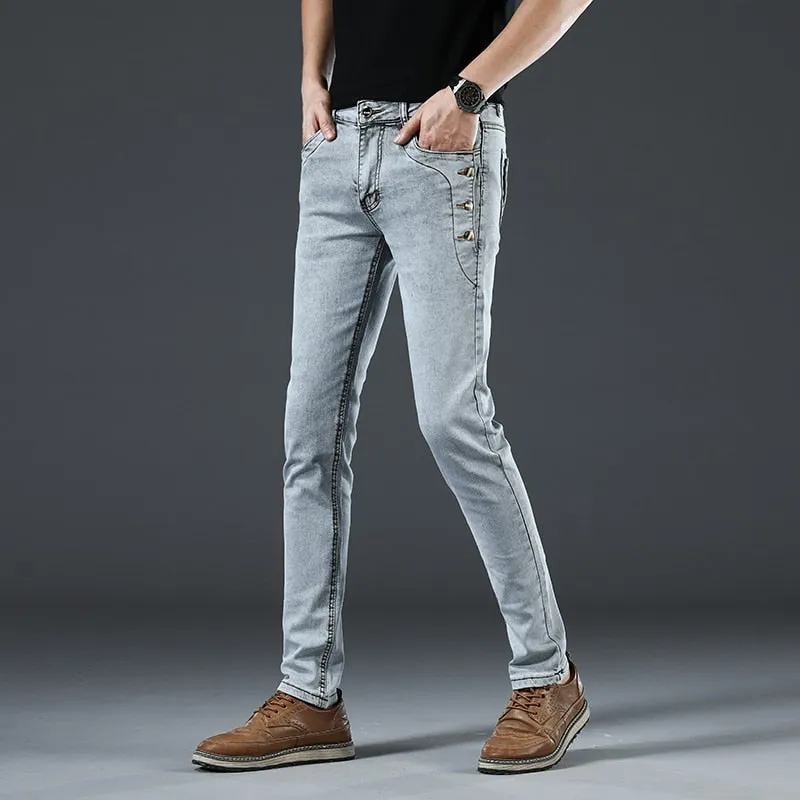 Men's Cotton Solid Pattern Mid Waist Fashion Button Pocket Slim Fit Jeans